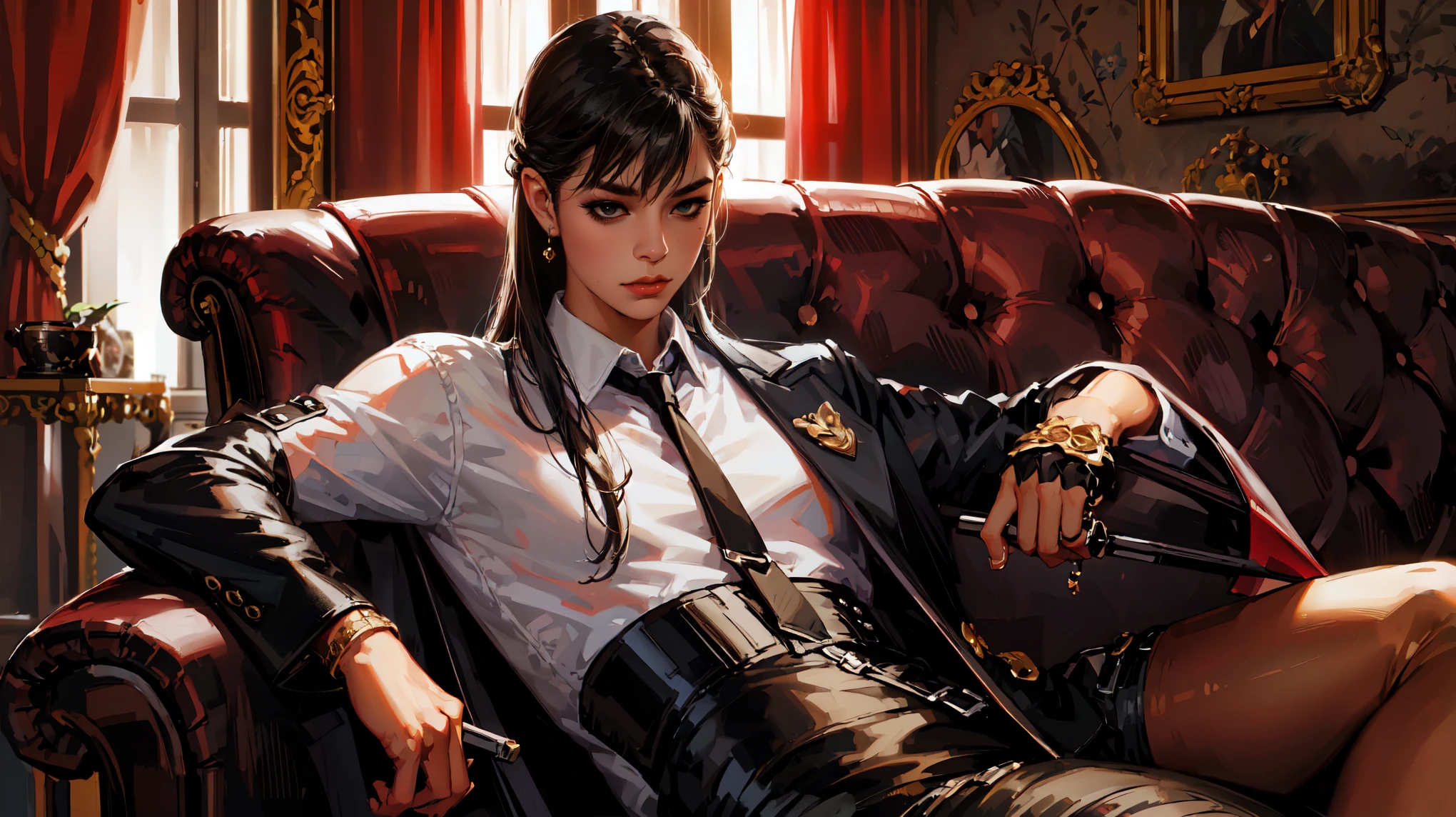 (Detailed close-up portrait !)(8K Masterpiece.High Quality.Digital Art.Beautiful and Aesthetic anime style.Perfect compositions and excellent perspective.OIL PAINTING) the character is sprawled out on a fancy big couch in an elegant pose.full-body portrait (The backdrop is the detective's swanky boudoir-style apartment.)