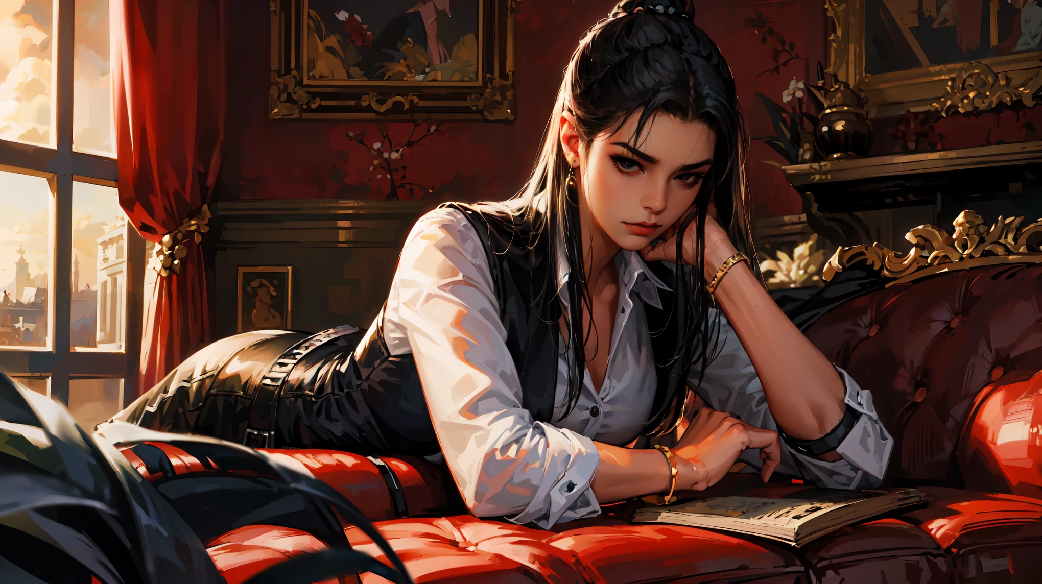 (Detailed close-up portrait !)(8K Masterpiece.High Quality.Digital Art.Beautiful and Aesthetic anime style.Perfect compositions and excellent perspective.OIL PAINTING) the character is sprawled out on a fancy big couch in an elegant pose.full-body portrait (The backdrop is the detective's swanky boudoir-style apartment.)