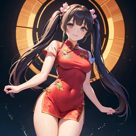 Realistic photo of cute woman, uneven twin tails, light makeup, medium chest size, smile a little, wear a cheongsam, full body s...