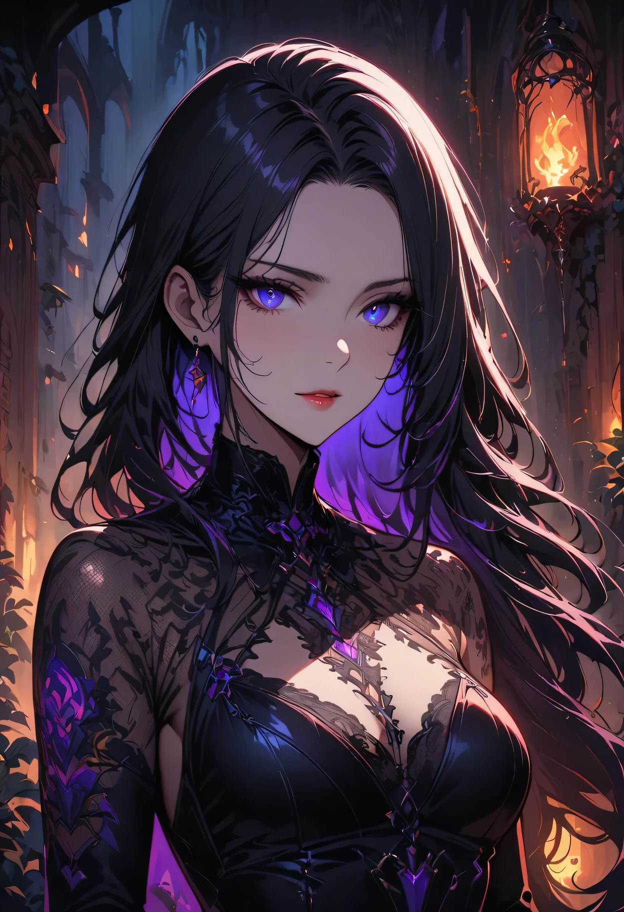 a detailed portrait of a female assassin in a dark fantasy setting, with long flowing hair in shades of black and purple, Tattood on the face, piercing blue eyes that emanate a sense of danger [detailed eyes, piercing blue:1.1], wearing a sleek black leather outfit [black leather outfit], adorned with intricate tattoos all over her body [intricate tattoos:1.1], including dragon scales on her arms [dragon scale tattoos] and an elaborate skull design on her back [skull tattoo:1.1]. She stands in a dimly lit underground chamber [dimly lit underground chamber], holding two curved daggers [curved daggers], The scene is illuminated with flickering torches [flickering torches], casting shadows and enhancing the suspenseful atmosphere. The color palette is predominantly dark and moody, with hints of red and purple accents [dark and moody color palette, red and purple accents], creating a sense of mystery and danger. The lighting emphasizes the sharp edges and intricate details of the assassin's attire and tattoos, adding depth and texture to the overall composition [emphasis on sharp edges, intricate details]. The image is of the highest quality, with extreme attention to detail [best quality, extreme attention to detail:1.2], showcasing the artist's technical expertise and mastery of light and shadow. The art style is realistic yet with a touch of fantasy, capturing the essence of the dark and intriguing world of Dungeons & Dragons [realistic art style with a touch of fantasy].