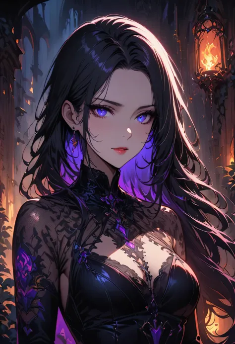 a detailed portrait of a female assassin in a dark fantasy setting, with long flowing hair in shades of black and purple, Tattoo...