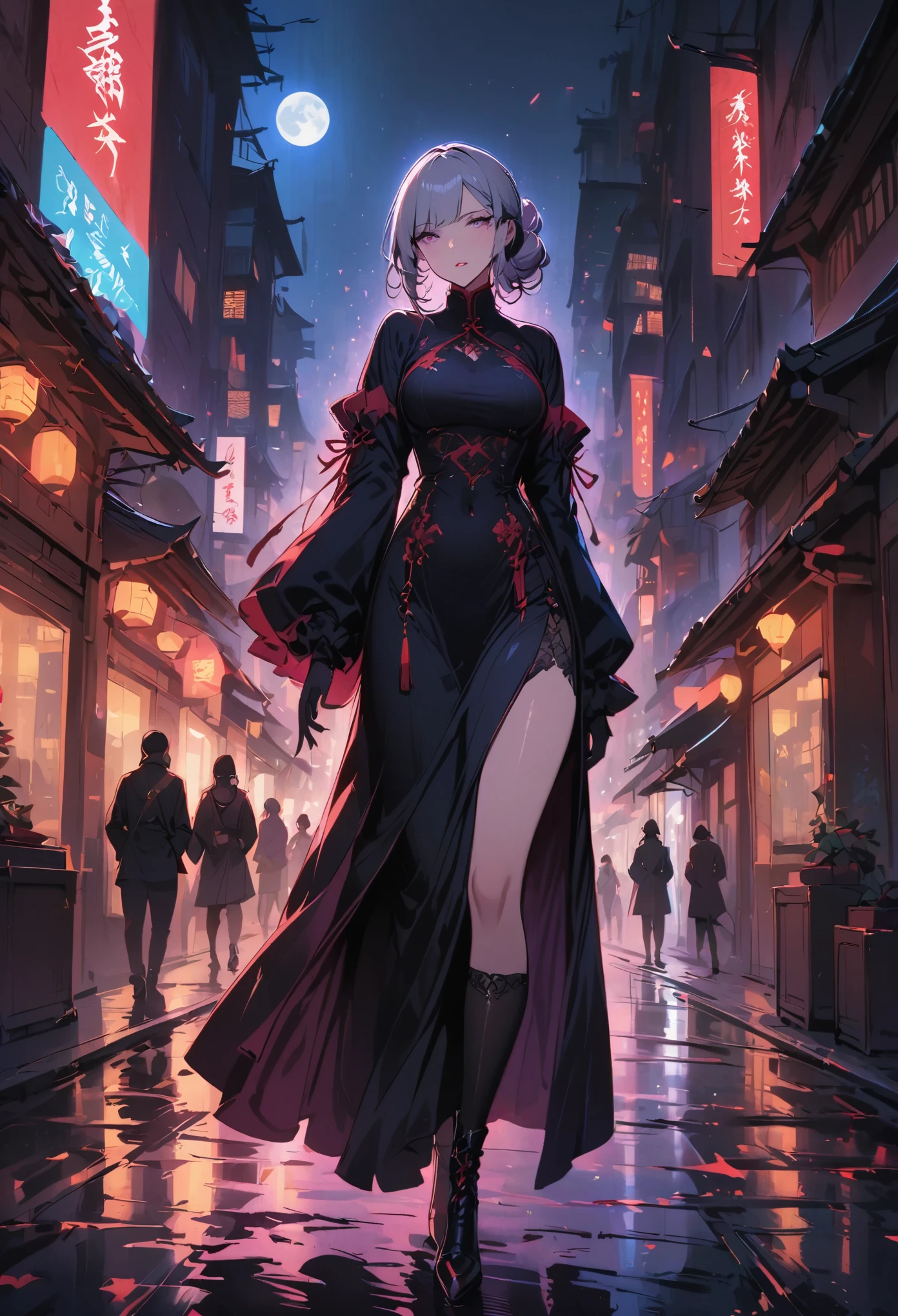 masterpiece, the best, night, full moon, 1 female, mature woman, Chinese style, China, Sister, Royal sister, cold face, Poker face, woman with long silver hair, light pink lips, calm, intellectuals, Three bangs, gray pupil, assassin, long sword, swordsman, struggle, street view, facial details,