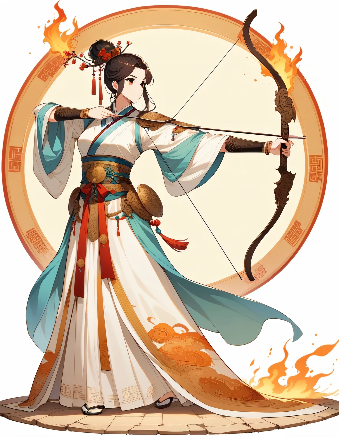 Ilustrar em estilo anime, uma arqueira espiritual e elegante, vestido com trajes antigos adornados com elementos decorativos tradicionais chineses. Ela fica em visão de corpo inteiro, retratado com precisão, dobrando um arco e apontando uma flecha para cima. O chão ao seu redor está seco e em chamas, fornecendo um retrato preciso do arco e flecha completo e da ação de tiro, com anatomia humana correta. A imagem deve capturar a essência da mitologia chinesa e do estilo nacional, correspondendo de perto à cena descrita.