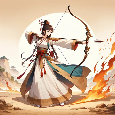 Illustrate in anime style, a spiritual and elegant female archer, dressed in ancient attire adorned with traditional Chinese dec...