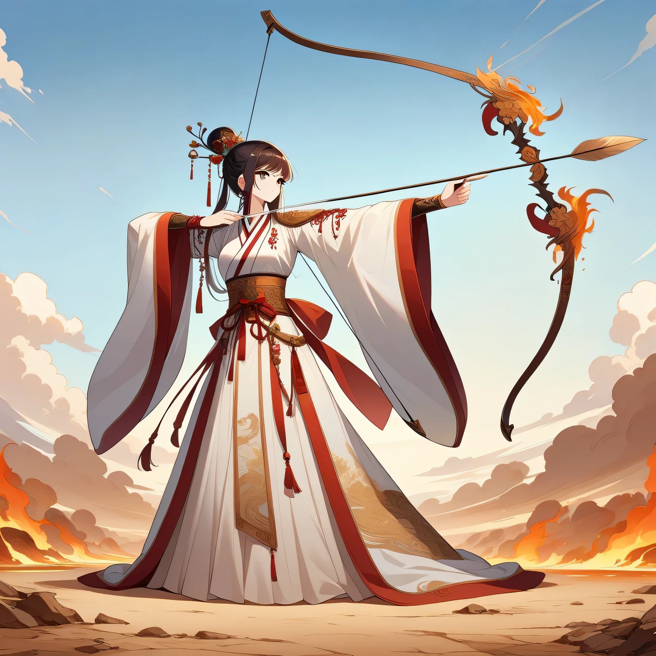 Illustrez-la dans un style anime, une archère féminine spirituelle et élégante, vêtue d'une tenue antique ornée d'éléments décoratifs chinois traditionnels. Elle se tient en vue de corps entier, représenté avec précision, pliant un arc et visant une flèche vers le haut. Le sol autour d'elle est sec et en feu, offrant une représentation précise de l'arc et de la flèche complets et de l'action de tir, avec une anatomie humaine correcte. L'image doit capturer l'essence de la mythologie chinoise et du style national, correspondant étroitement à la scène décrite.