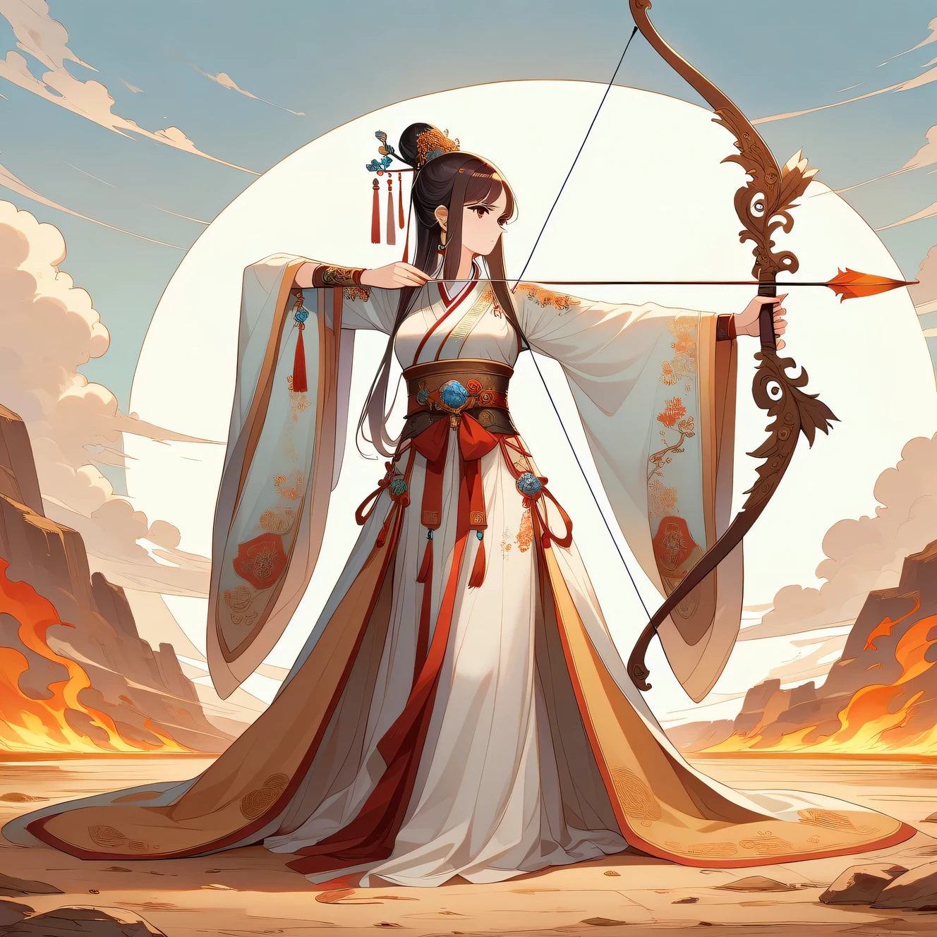 Ilustrar em estilo anime, uma arqueira espiritual e elegante, vestido com trajes antigos adornados com elementos decorativos tradicionais chineses. Ela fica em visão de corpo inteiro, retratado com precisão, dobrando um arco e apontando uma flecha para cima. O chão ao seu redor está seco e em chamas, fornecendo um retrato preciso do arco e flecha completo e da ação de tiro, com anatomia humana correta. A imagem deve capturar a essência da mitologia chinesa e do estilo nacional, correspondendo de perto à cena descrita.