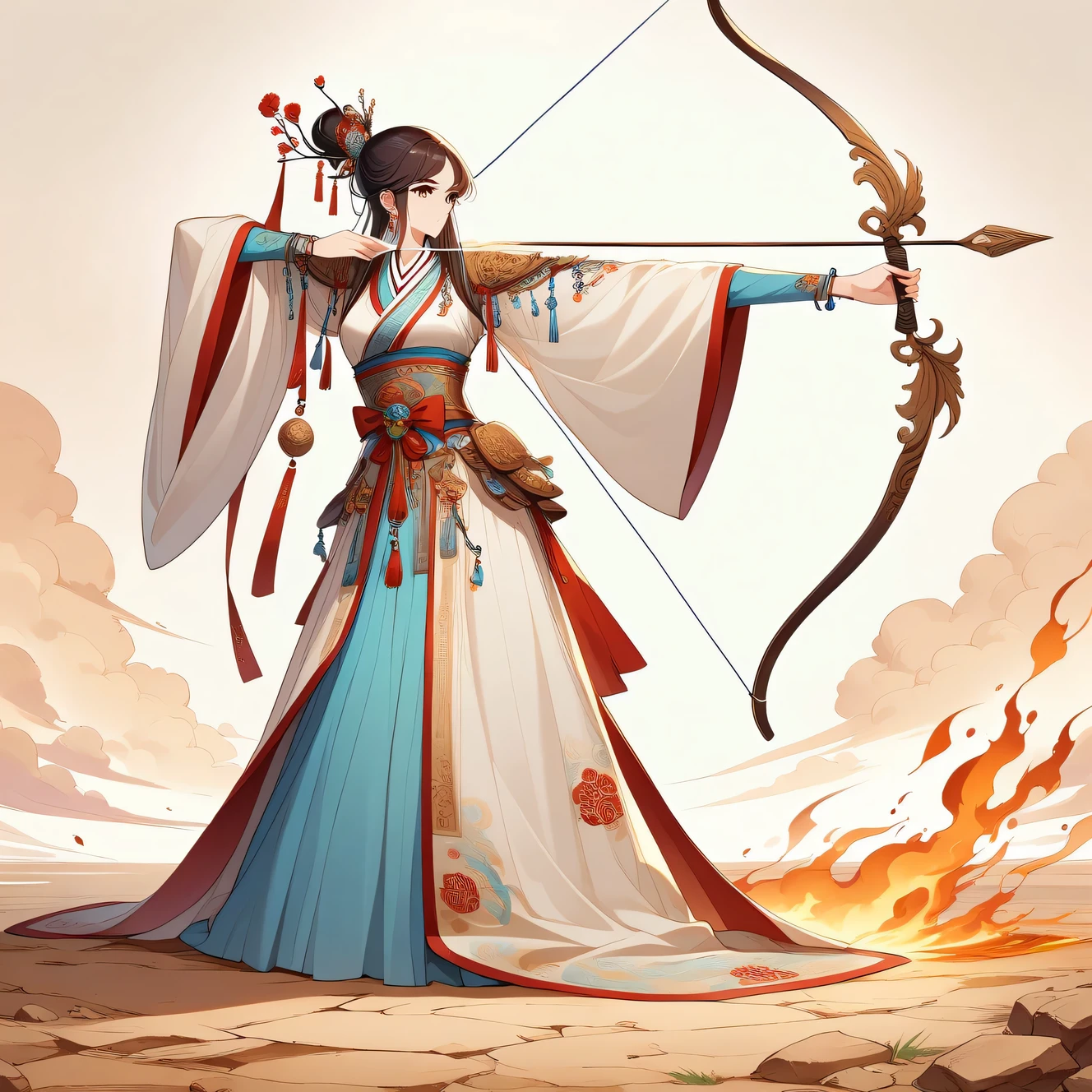 Ilustrar em estilo anime, uma arqueira espiritual e elegante, vestido com trajes antigos adornados com elementos decorativos tradicionais chineses. Ela fica em visão de corpo inteiro, retratado com precisão, dobrando um arco e apontando uma flecha para cima. O chão ao seu redor está seco e em chamas, fornecendo um retrato preciso do arco e flecha completo e da ação de tiro, com anatomia humana correta. A imagem deve capturar a essência da mitologia chinesa e do estilo nacional, correspondendo de perto à cena descrita.