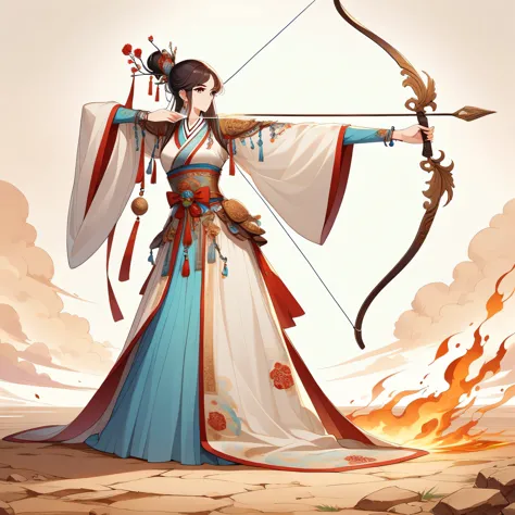 Illustrate in anime style, a spiritual and elegant female archer, dressed in ancient attire adorned with traditional Chinese dec...