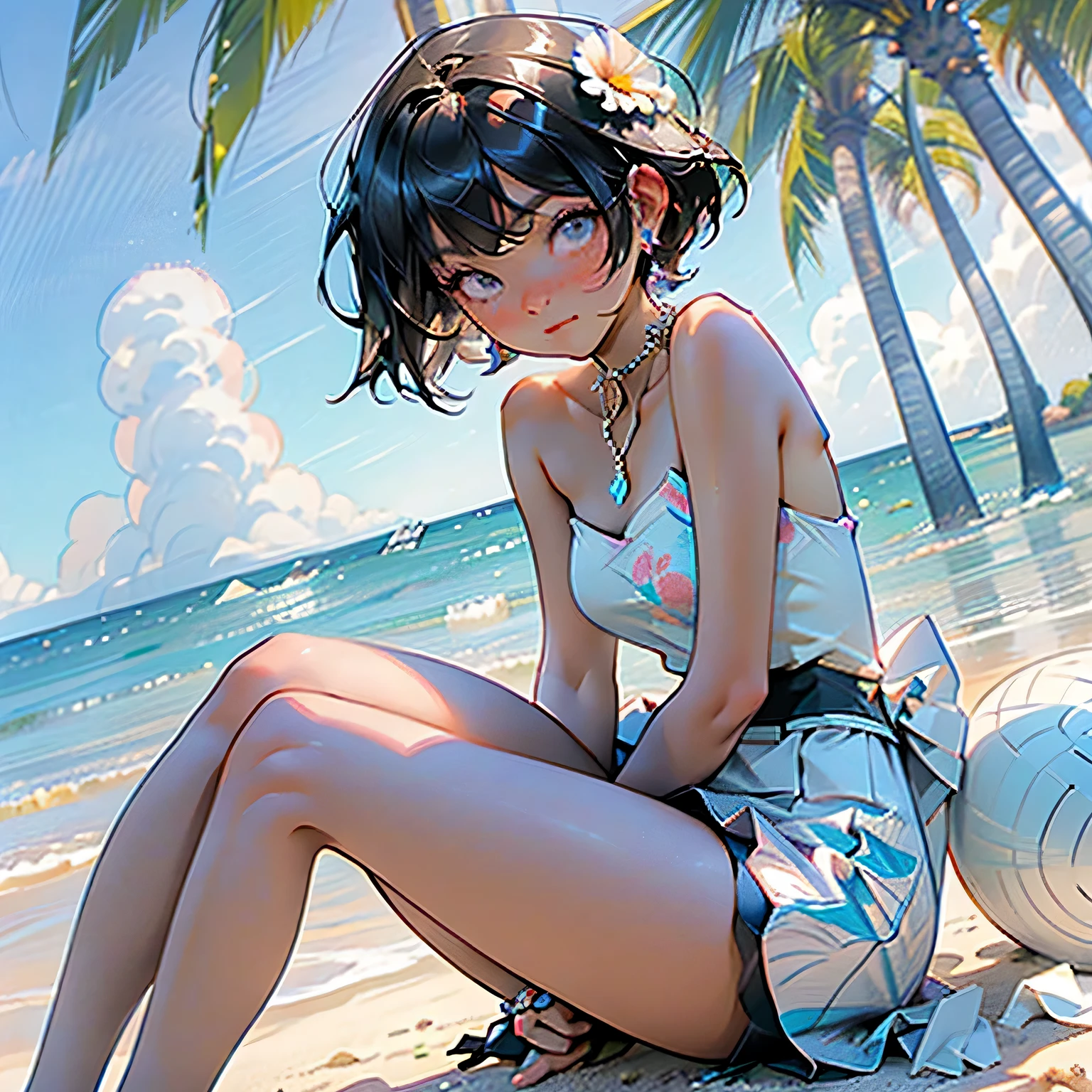 low angle,from below, ((masterpiece, highest resolution,best quality)), (illustration), ((1girl,cute,japanese,young,short beautiful black hair,bob cut,beautiful blue eyes)),(solo),(flower printed elegant one piece swimsuit,flair mini skirt),(flat sitting on the sand),
innocent smile, white over-kneehighs,Lace chalker, wristband, fingerless gloves, over-kneehighs,
Lace chalker, diamond necklace,wristband, fingerless gloves, earrings, windy,cinematic lighting, beach, sand, blue sky, waves, coconut tree,
