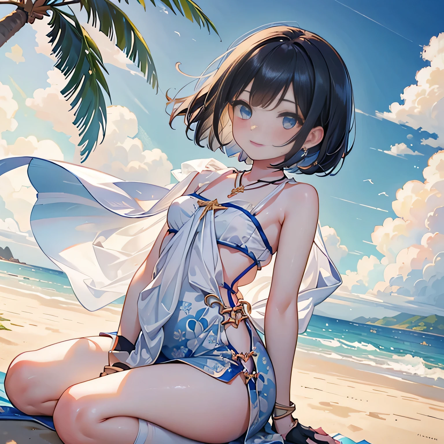 low angle,from below, ((masterpiece, highest resolution,best quality)), (illustration), ((1girl,cute,japanese,young,short beautiful black hair,bob cut,beautiful blue eyes)),(solo),(flower printed elegant one piece swimsuit,flair mini skirt),(flat sitting on the sand),
innocent smile, white over-kneehighs,Lace chalker, wristband, fingerless gloves, over-kneehighs,
Lace chalker, diamond necklace,wristband, fingerless gloves, earrings, windy,cinematic lighting, beach, sand, blue sky, waves, coconut tree,