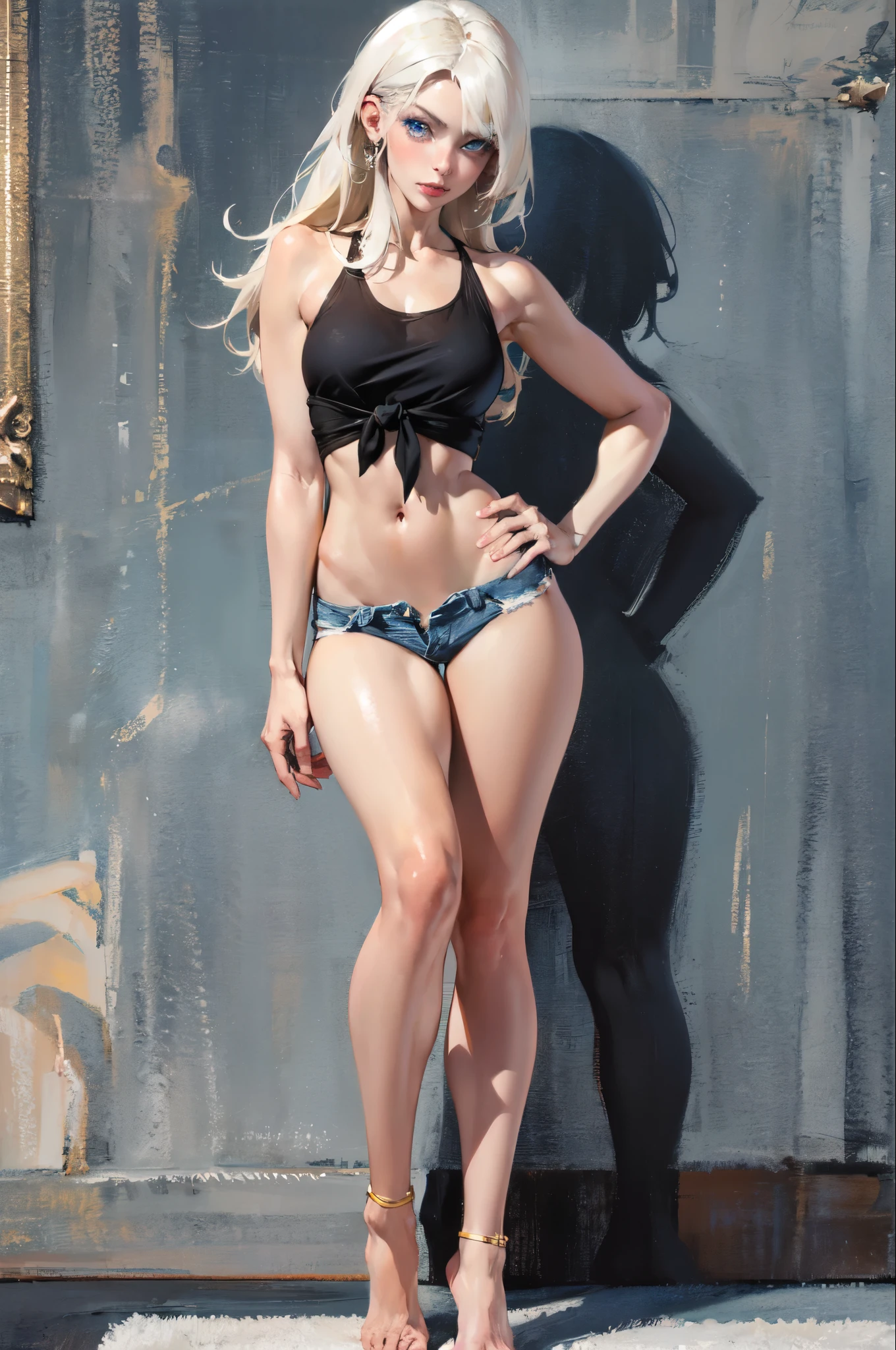 ((masterpiece,best quality,8k,highres)),((character concept art)), araffe teenager female, Swedish bimbo, (tied back platinum blonde hair), platinum blonde hair, (sunbath tan skin colour), ultra finely detailed eyes (blue eyes colour), glamorous, sexy, sophisticated, perfect body build ((slim)), ((intricate detail)), super finely detailed hands, ultra finely detailed fingers(((ten fingers))), wearing very short denim jeans with visible string from V Cut Bikini Bottoms, white fit tank top,  (standing casually), (full body showcase), (show full body). 