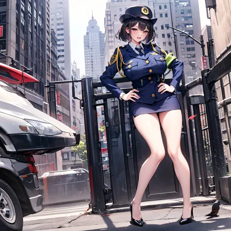 (solo:1.2), (1 policewoman), police uniform, very tight miniskirt, thigh gap, stiletto heels, narrow shoulders, (bursting dispro...