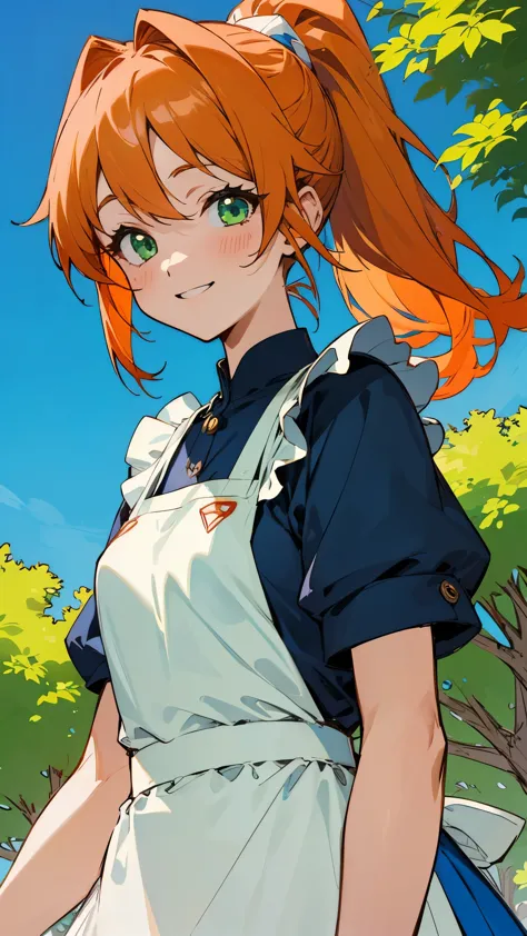 1 girl、anime painting、white blouse、blue skirt、Apron appearance、orange hair、ponytail、beautiful green eyes、smile、pleasure、upper bo...