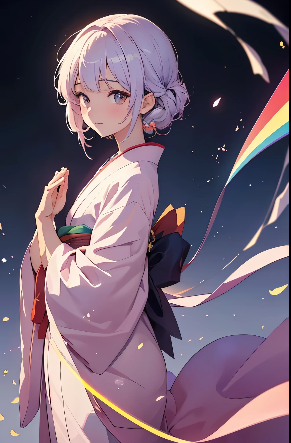 (Hohe Auflösung, vertraut sein mit, 4k, 8K), (Anime-Stil), empfindlich, Schönes Mädchen im Kimono, Ein leuchtender Regenbogen an einem klaren Himmel, Falte deine Hände und bete anmutig, Ein junger Mann mit leuchtenden Augen々neues Aussehen, göttliches Wesen