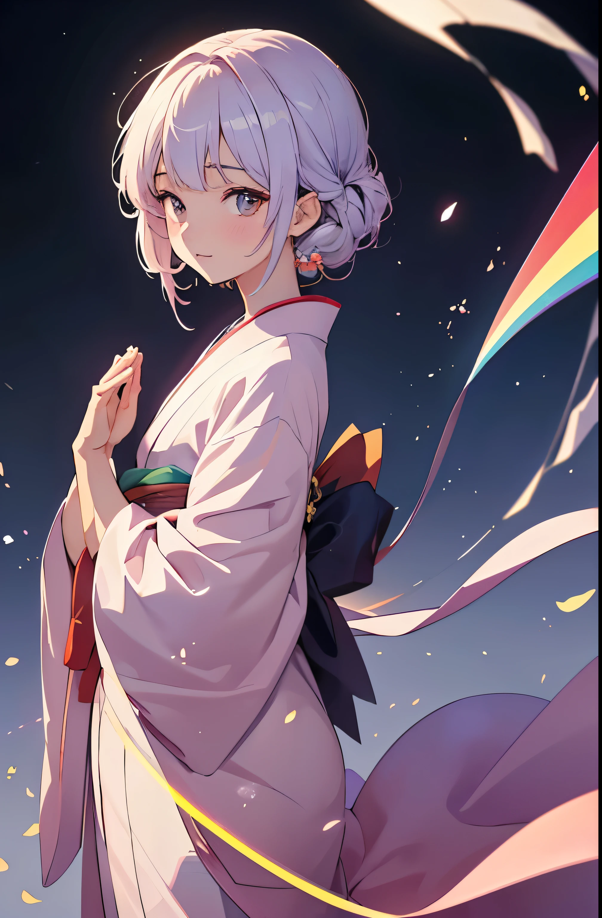 (haute résolution, être familier avec, 4k, 8k), (Style animé), délicat, Belle fille en kimono, Un arc-en-ciel vibrant dans un ciel clair, Pliez les mains et priez avec grâce, Un jeune homme aux yeux brillants々nouveau look, un être divin