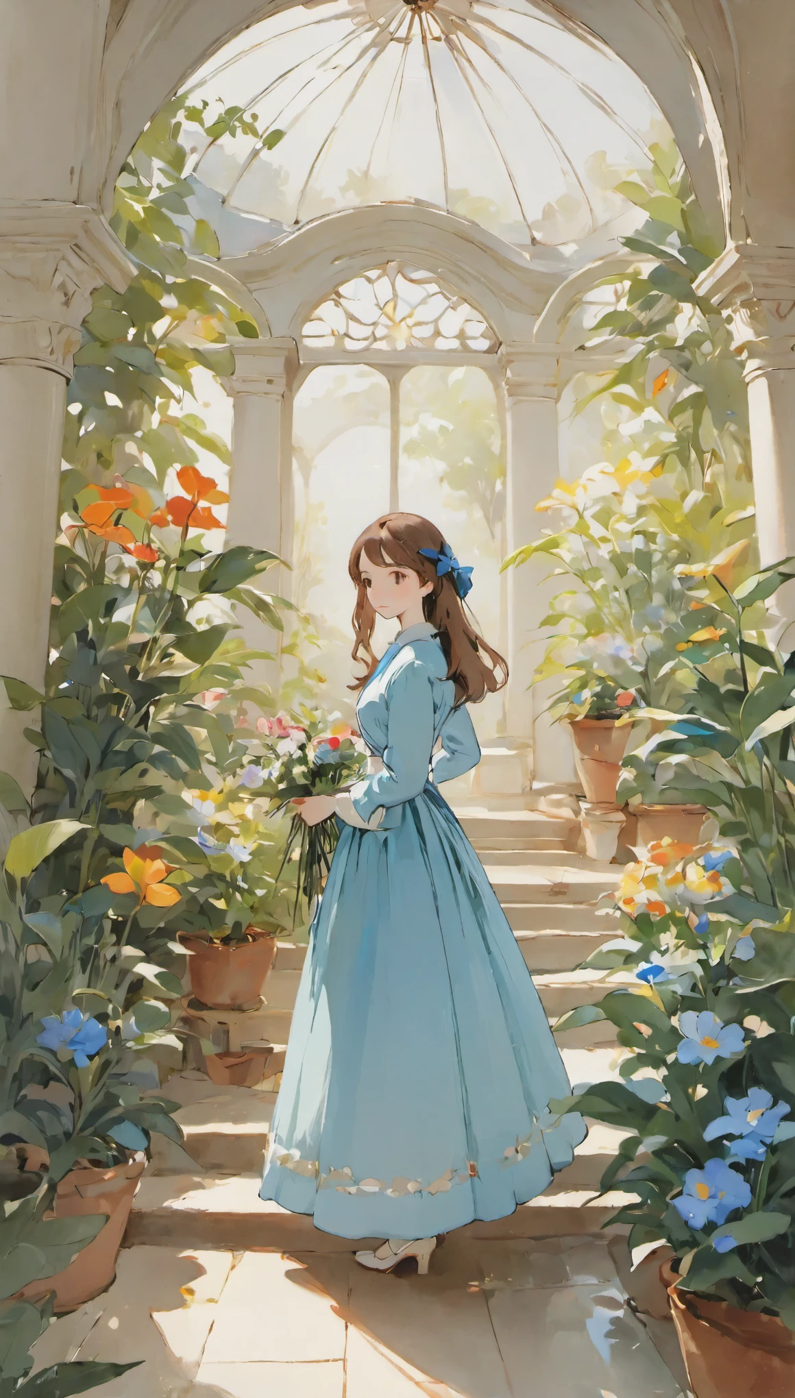 ((Sargent style watercolor))、(highest quality、masterpiece)、soft light、Indoor Botanical Garden、dome、(lots of flowers)、A garden with dancing petals、