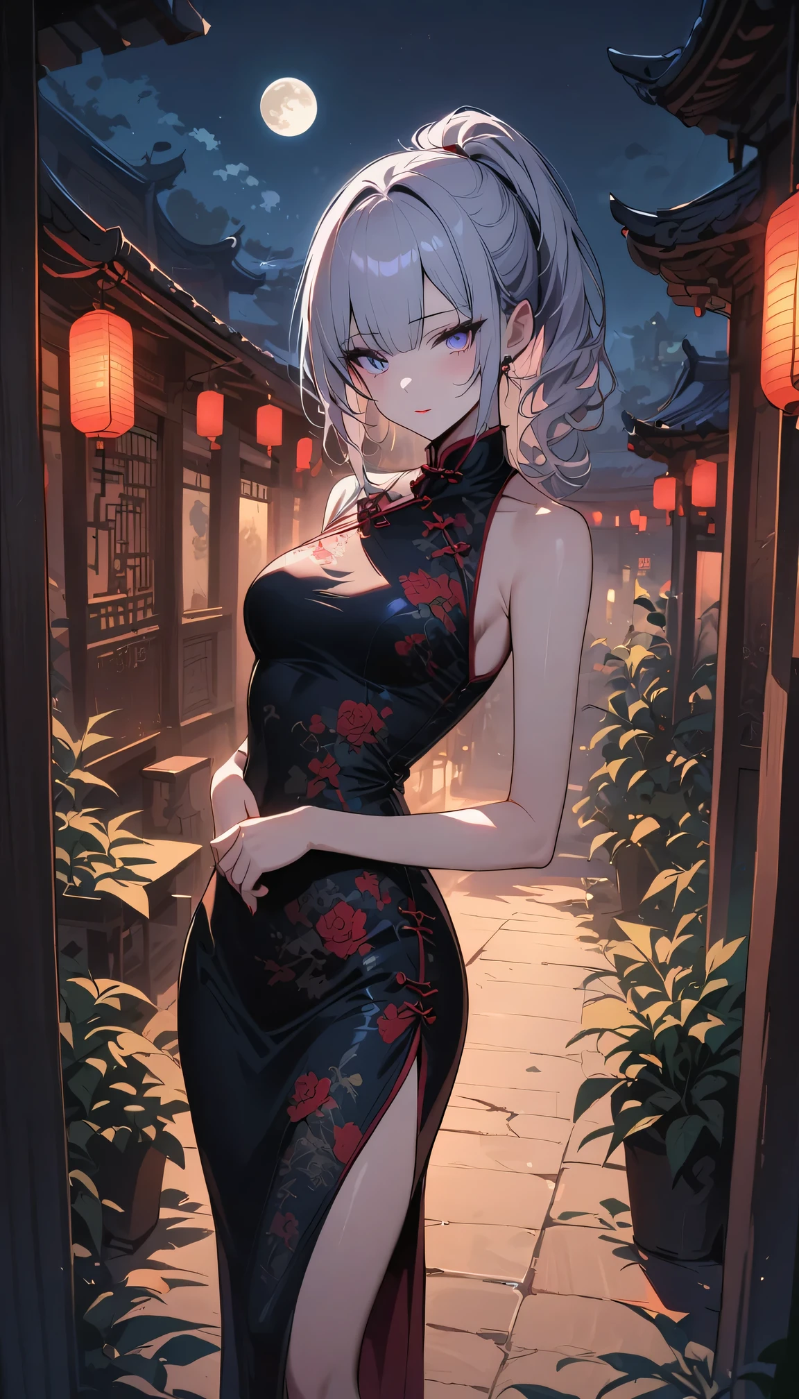masterpiece, the best, night, full moon, 1 adult woman, Chinese Architecture, cheongsam, China costume, Royal sister, cold face, Poker face, woman with long silver hair, light pink lips, , calm, intellectuals, Three bangs, gray pupil,  street view, facial details,