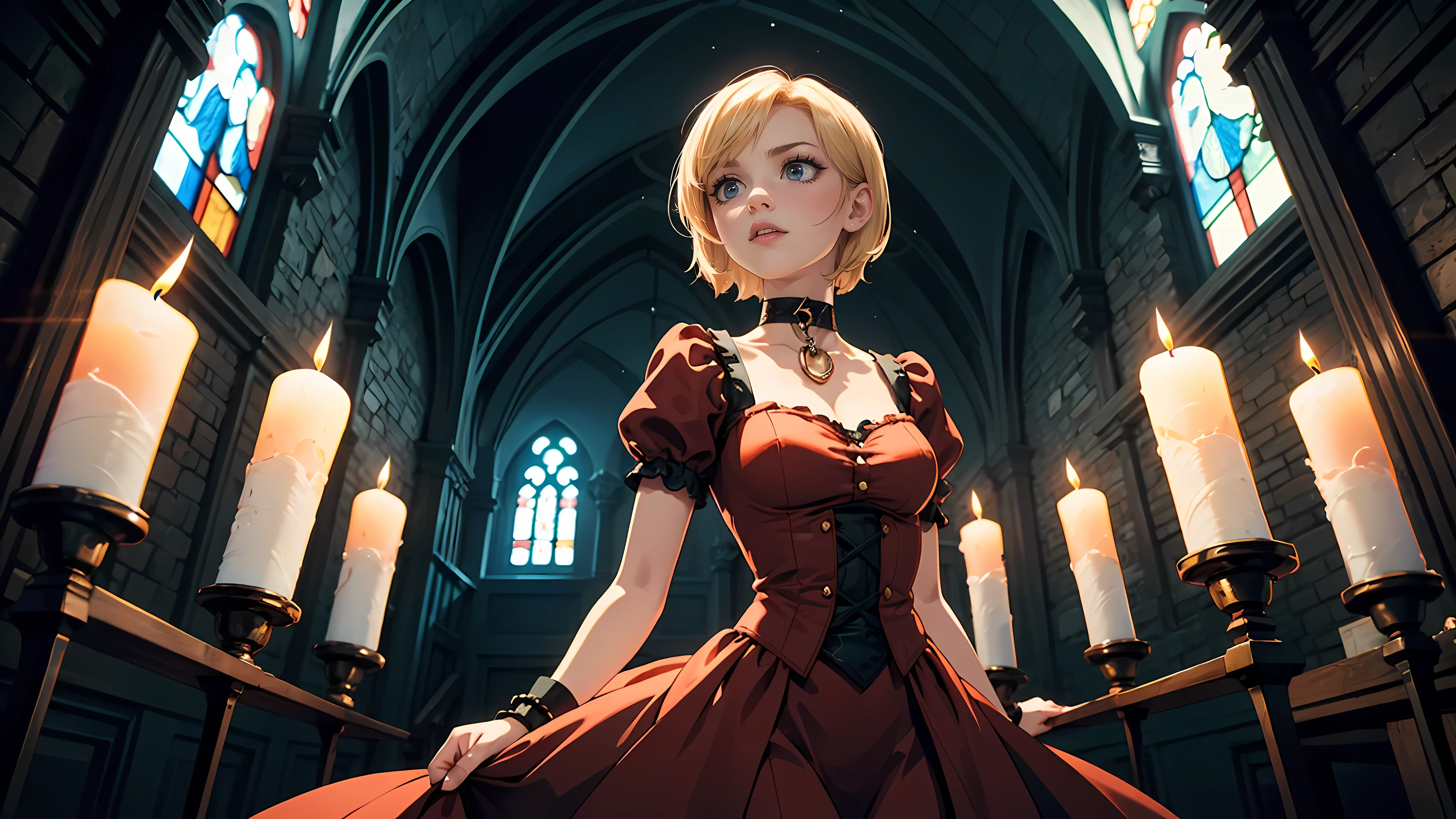 ((1girl)), short blonde hair, choker collar, bracelets, Victorian style long red dress, standing, cowboy shot, dramatic pose, gothic mansion, stained glass window, night, nighttime, candles, candlelight, dramatic lighting, cinematic lighting, 