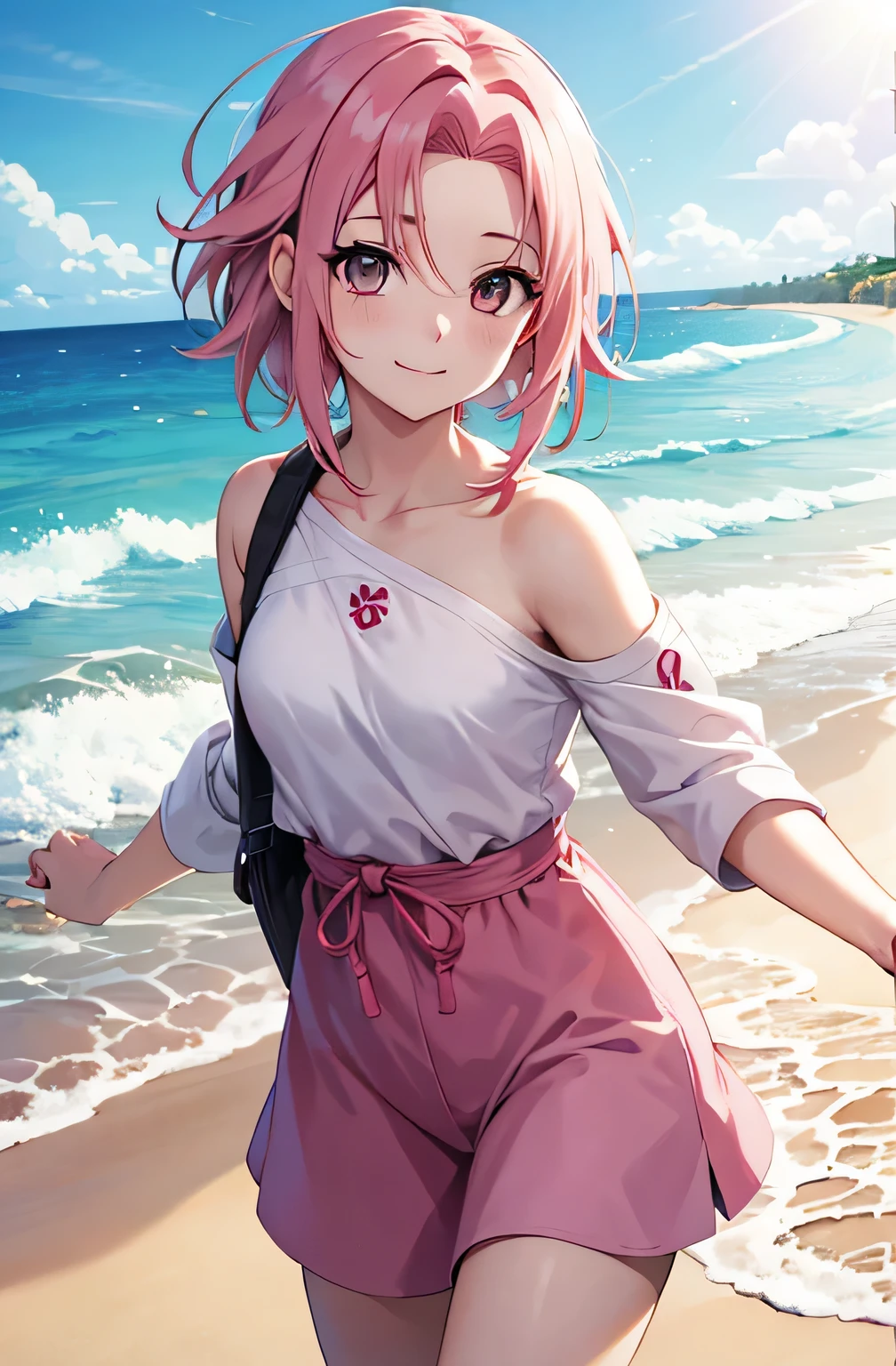 Anime girl walking on the beach with a backpack and a backpack - SeaArt AI