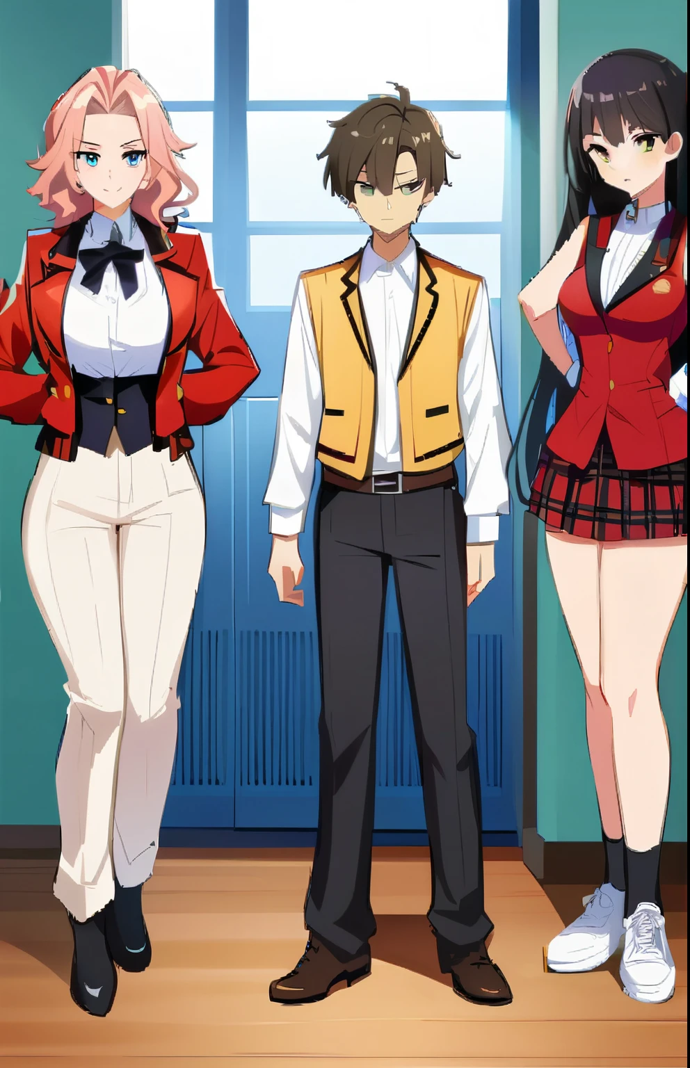 Three anime characters standing next to each other in a room - SeaArt AI