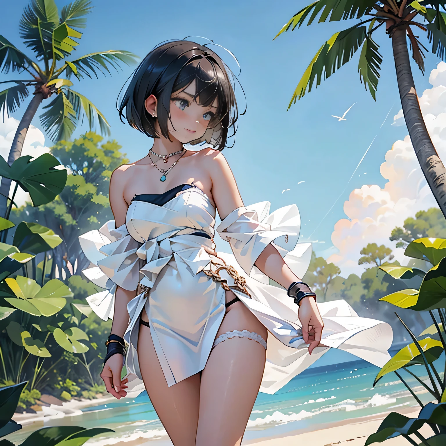 low angle,from below, ((masterpiece, highest resolution,best quality)), (illustration), ((1girl,cute,japanese,young,short beautiful black hair,bob cut,beautiful blue eyes)),(solo),(flair mini skirt,beautiful white panties),(walking around the beach), innocent smile, white over-kneehighs,Lace chalker, wristband, fingerless gloves, over-kneehighs,
Lace chalker, diamond necklace,wristband, fingerless gloves, earrings, windy,cinematic lighting, beach, sand, blue sky, waves, coconut tree,