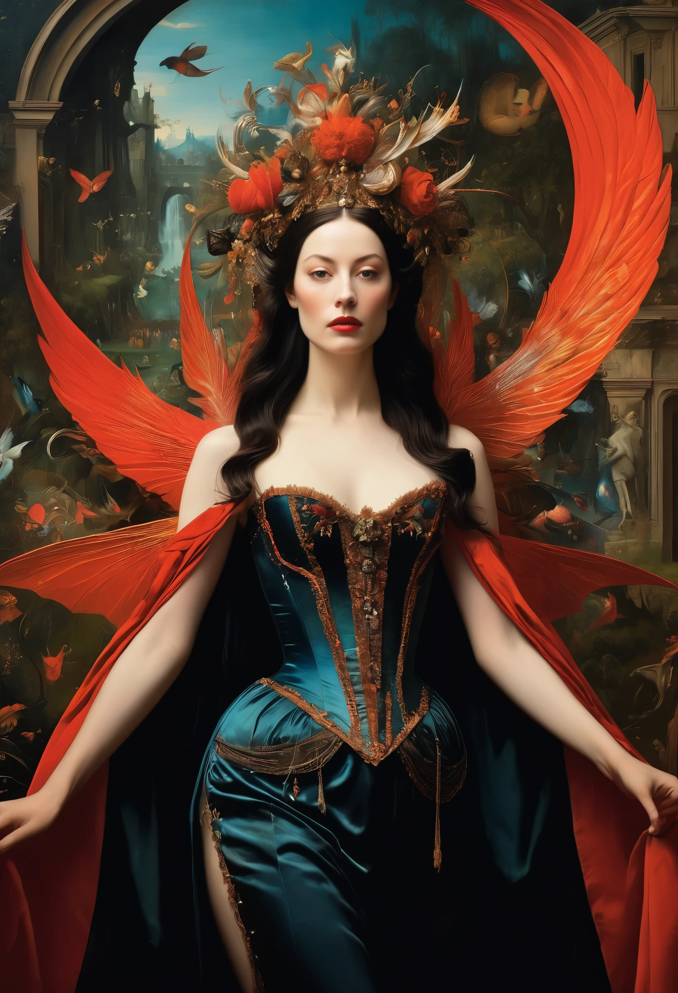 A mesmerizing painting depicting the magnificent arrival of a lady from hell in an epic, split-screen format that amplifies the theatricality and grandeur of the scene. The elaborate details of the lady's costume and the dramatic lighting create a sense of dark opulence and power, drawing viewers into a world of mythical enchantment and mystery. The split-screen composition allows for a dynamic presentation of the lady's entrance, enhancing the visual impact and storytelling of the painting. The artist's skillful use of color and texture adds depth and richness to the scene, evoking a sense of awe and wonder in the viewer. This masterpiece, created by renowned painter Hieronymus Bosch, delves into the realms of fantasy and symbolism, inviting viewers to immerse themselves in a narrative of dark beauty and intrigue.