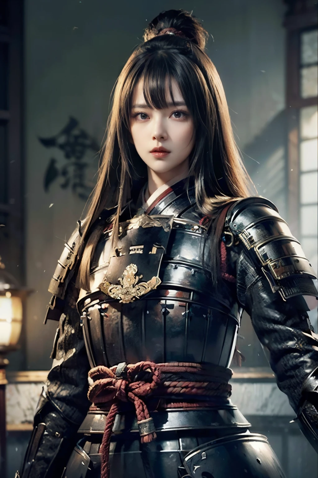 (8K, highest quality, masterpiece:1.2), (realistic:1.4), Raw photo, highest quality, ultra high resolution, best shadow, (full body:1), historical heroine, Japanese armor, samurai sword, large scale amazing environment, horror, dark horror, highly detailed facial features, beautiful and perfect face, perfect eyes