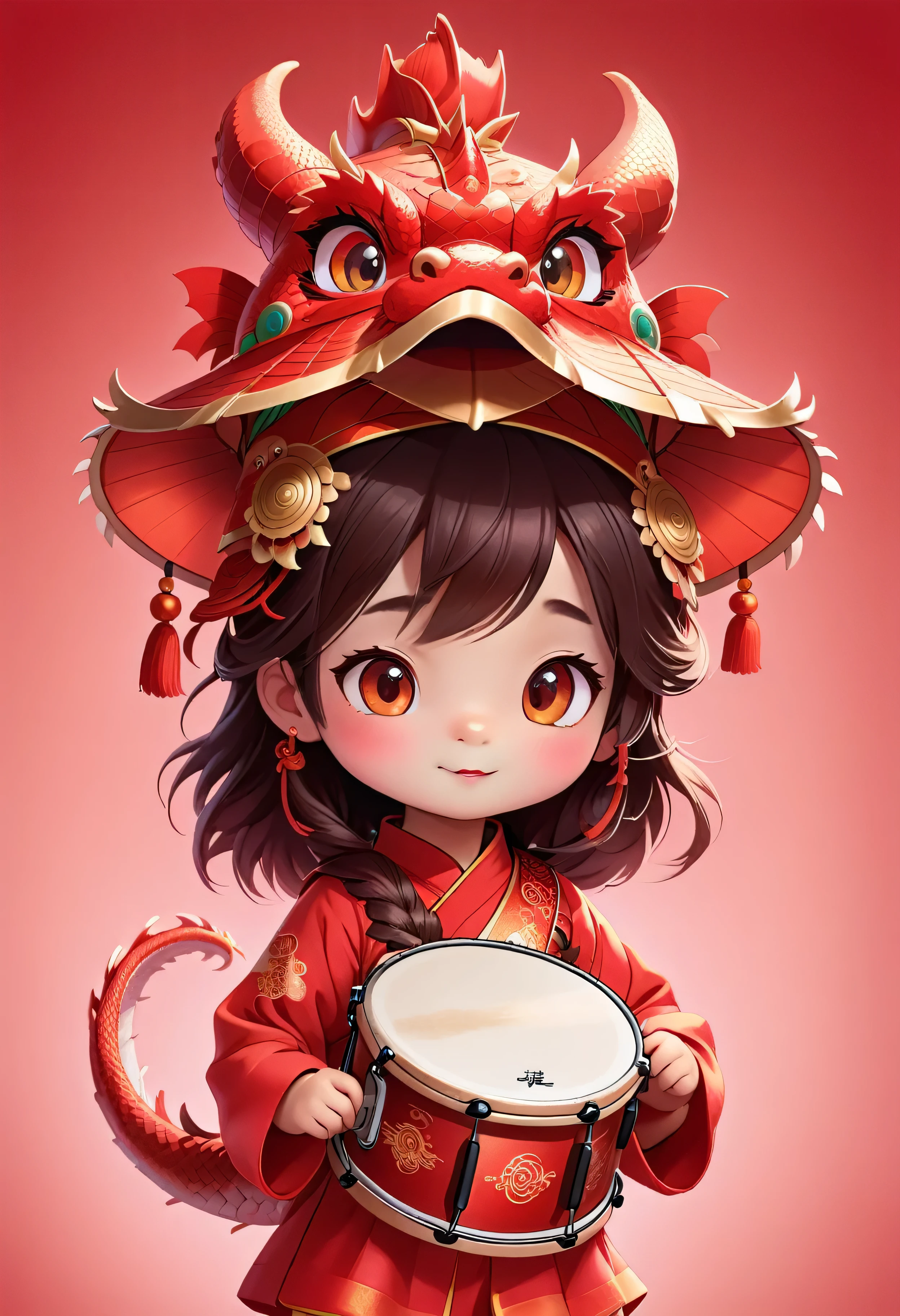 A super cute girl wearing a Chinese dragon hat，Carrying one on the back[Snare（drum set）]， Bright Eyes。solid color background，red gradient background。