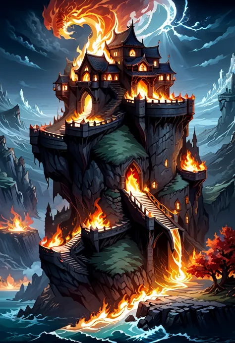 create an epic image of dungeons and dragons: 1.5, fight, cliffs, fire, castle, masterpiece, hyper detailed, mystical, magical, ...