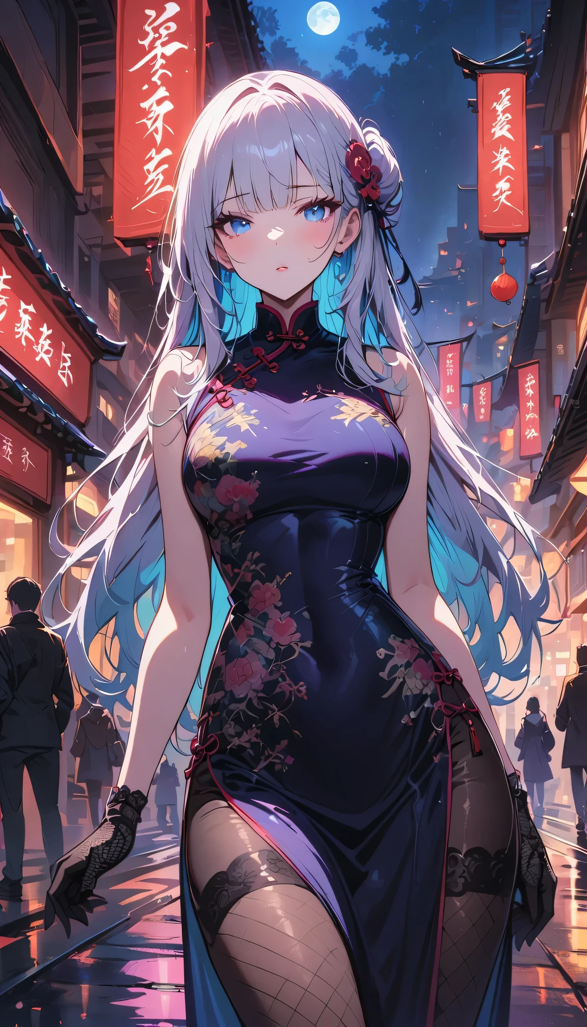 masterpiece, the best, night, full moon, 1 adult woman, Chinese Architecture, cheongsam, China costume, Royal sister, cold face, Poker face, woman with long silver hair, light pink lips, fishnet stockings, calm, intellectuals, Three bangs, lace gloves, blue eyes, street view, facial details,