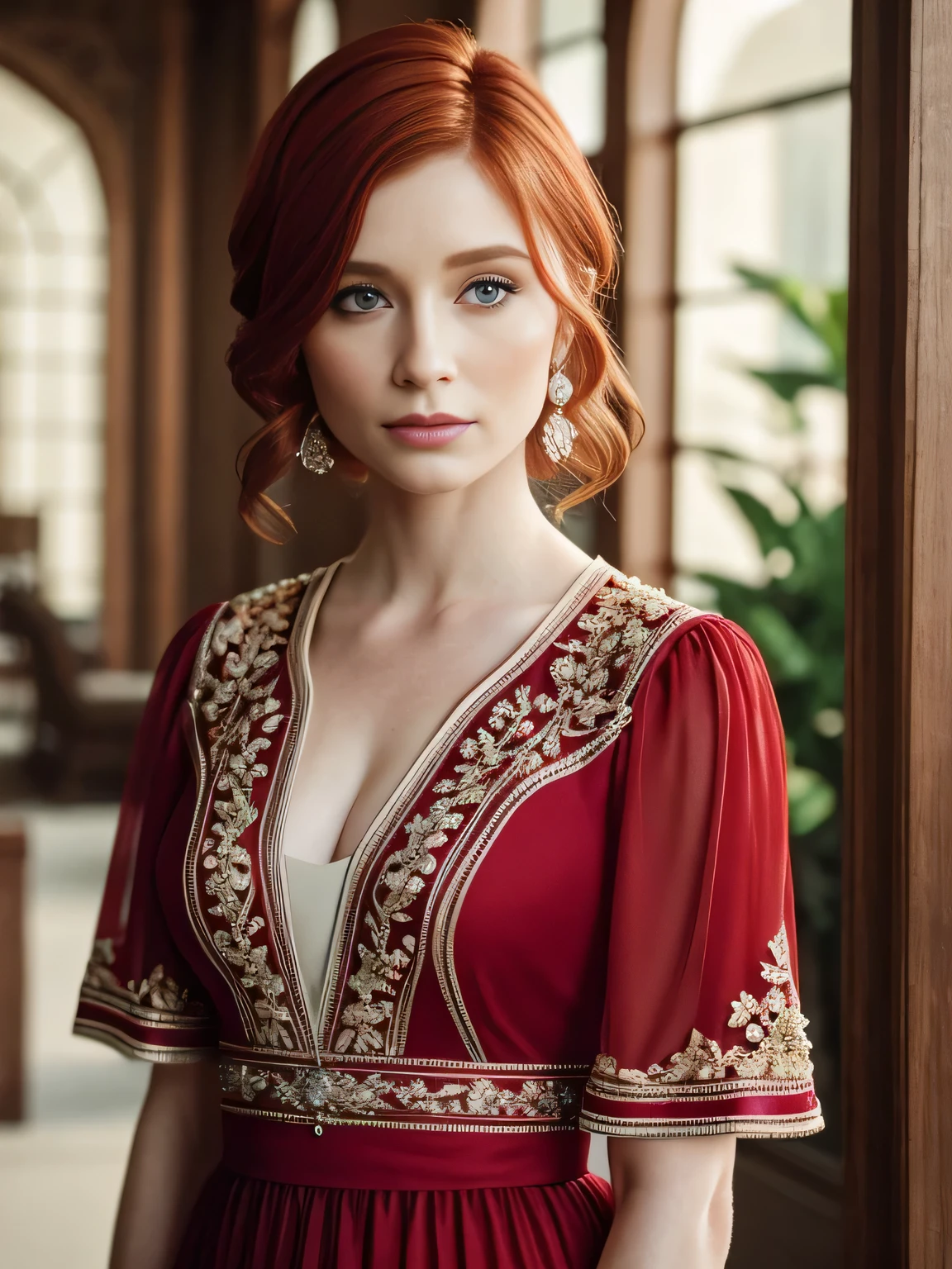 (masterpiece), (extremely intricate:1.3),(realistic), bryce dallas howard, ((short chanel), red hair, portrait of a woman, the most beautiful in the world, (floral dressr), outdoors, intense sunlight, flower shop, professional photograph of a stunning woman detailed, sharp focus, dramatic, award winning, cinematic lighting, octane render, unreal engine, volumetrics dtx, (film grain, bokeh, blurry foreground, blurry background), crest on chest
