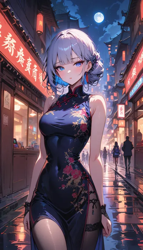 masterpiece, the best, night, full moon, 1 adult woman, Chinese Architecture, cheongsam, China costume, Royal sister, cold face, Poker face, woman with long silver hair, light pink lips, fishnet stockings, calm, intellectuals, Three bangs, lace gloves, blu...