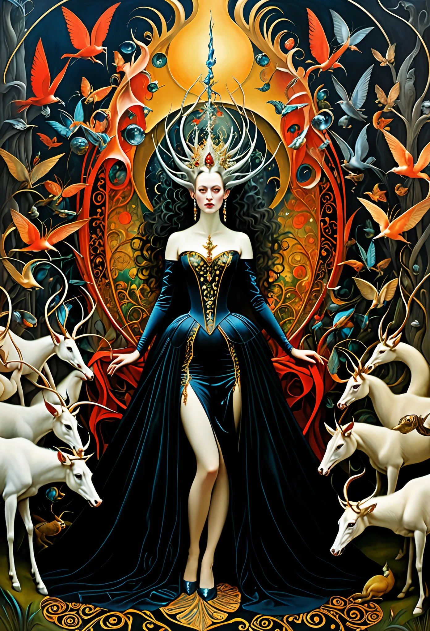 A mesmerizing painting depicting the magnificent arrival of a lady from hell in an epic, split-screen format that amplifies the theatricality and grandeur of the scene. The elaborate details of the lady's costume and the dramatic lighting create a sense of dark opulence and power, drawing viewers into a world of mythical enchantment and mystery. The split-screen composition allows for a dynamic presentation of the lady's entrance, enhancing the visual impact and storytelling of the painting. The artist's skillful use of color and texture adds depth and richness to the scene, evoking a sense of awe and wonder in the viewer. This masterpiece, created by renowned painter Hieronymus Bosch, delves into the realms of fantasy and symbolism, inviting viewers to immerse themselves in a narrative of dark beauty and intrigue.