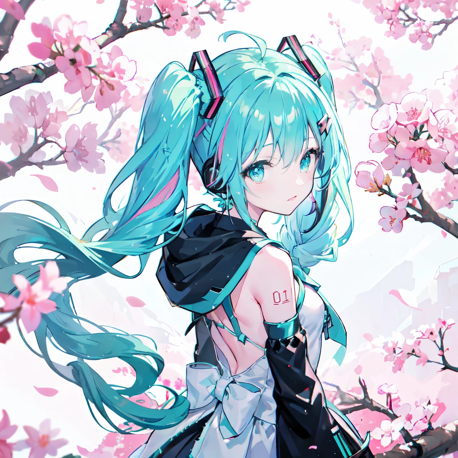 from adobe,miku hatsune,Angel wings on my back,stand under the cherry tree,SakuraFubuki,look back,（alone,(dreadlocks:1.4),drill hair,Afro,ponytail,two side up,princess cut,twin tails,Braid,(bun hair:0.7),(wavy multicolor hair:1.2),earrings,headset on head,cold look