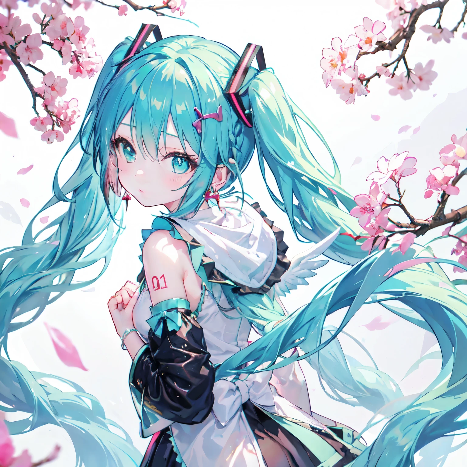 von Adobe,miku hatsune,Engelsflügel auf meinem Rücken,unter dem Kirschbaum stehen,Sakura Fubuki,zurückschauen,（allein,(Dreadlocks:1.4),Bohrer Haare,afro,Pferdeschwanz,zwei Seiten nach oben,Prinzess-Schliff,Zwillingsschwänze,flechten,(Dutt-Haar:0.7),(welliges mehrfarbiges Haar:1.2),Ohrringe,Headset auf dem Kopf,kalter Blick