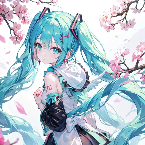 from adobe,miku hatsune,Angel wings on my back,stand under the cherry tree,SakuraFubuki,look back,（alone,(dreadlocks:1.4),drill ...