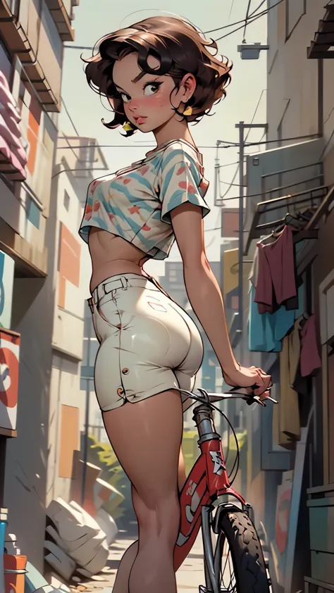 arafed woman in a high-rise booty shorts and striped shirt riding a bike, fine art, pinup, pin up, 50s style, pin - up, pin-up, ...