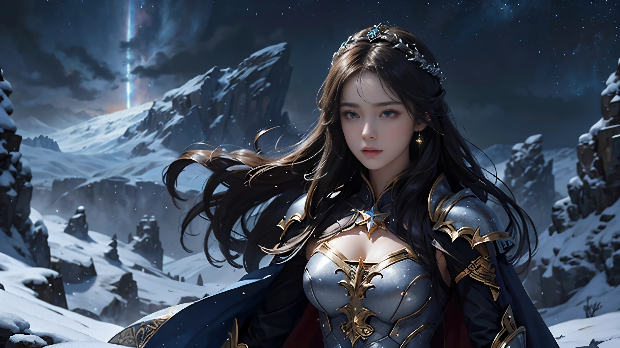 masterpiece, rest, best quality, Super detailed, Super real, 16K, high resolution, castle，snow, ((starry sky)),female warrior，ornate armor，complex pattern，big breasts，beautiful face，dramatic，half body shot