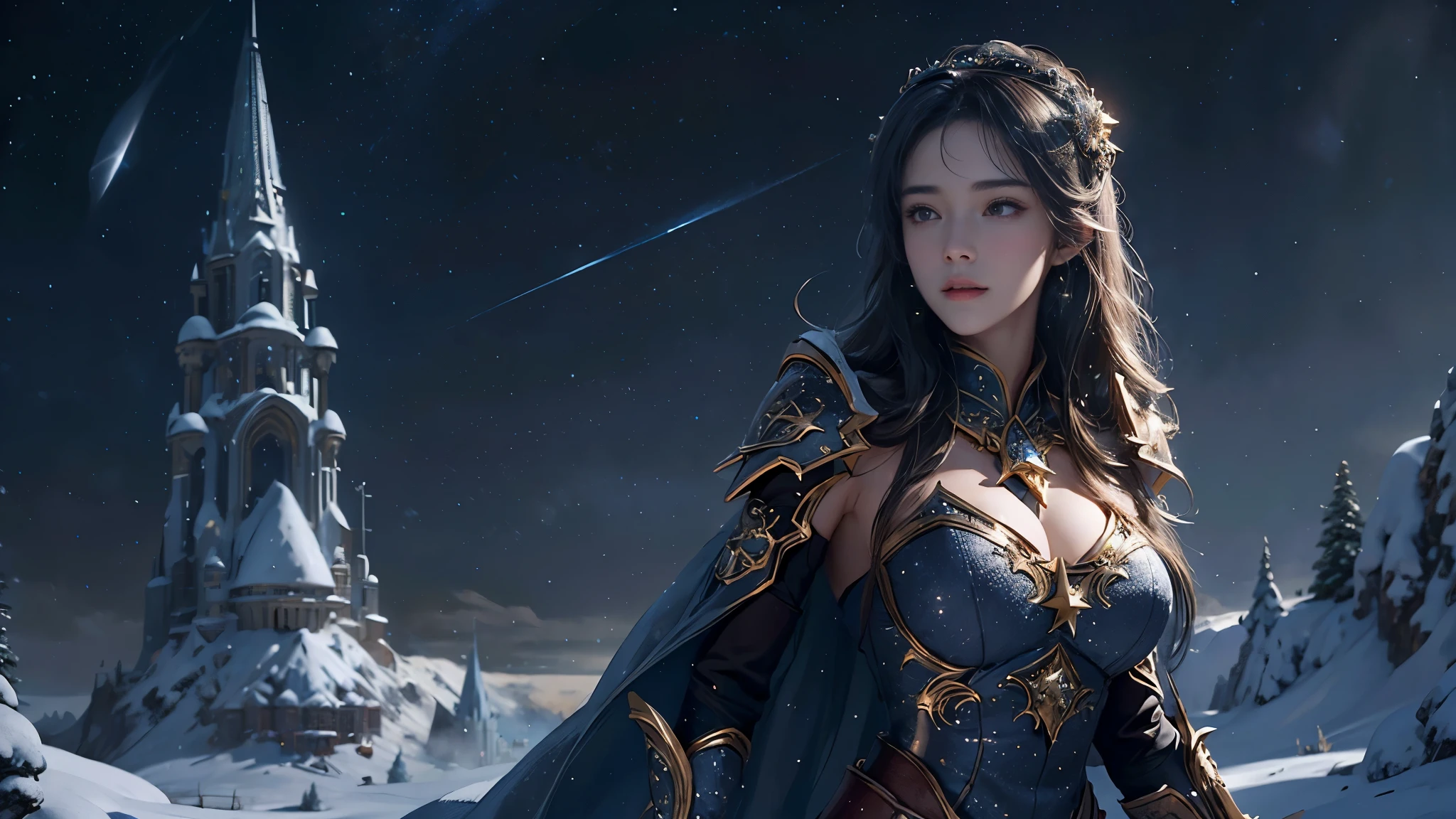 masterpiece, rest, best quality, Super detailed, Super real, 16K, high resolution, castle，snow, ((starry sky)),female warrior，ornate armor，complex pattern，big breasts，beautiful face，dramatic，half body shot