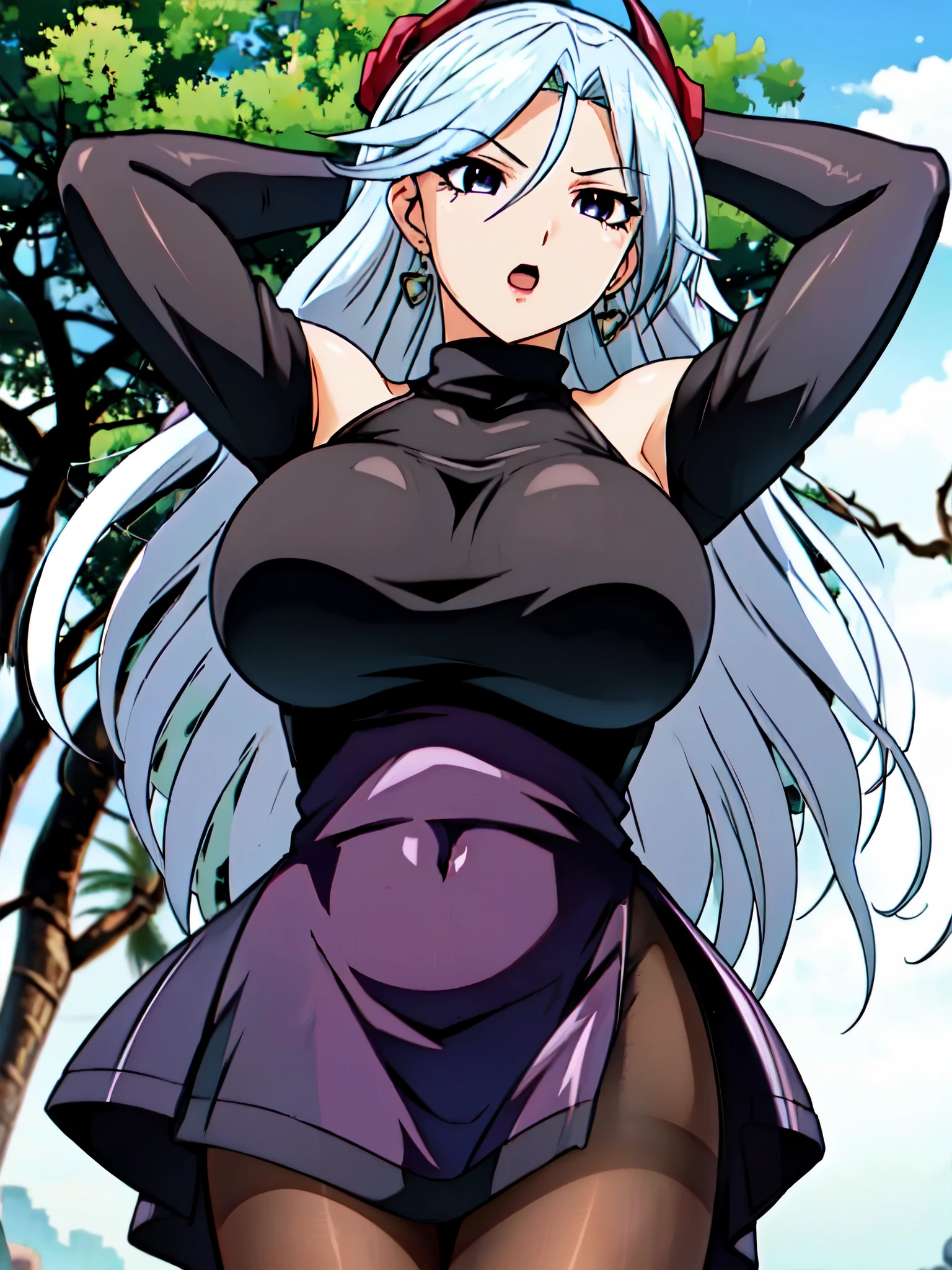 A woman with white hair and a black top is posing in front of a tree -  SeaArt AI