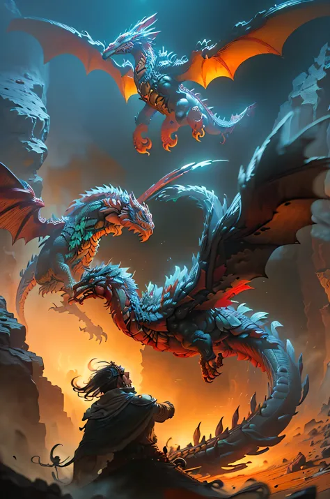 (create an epic image of the popular game Dungeons and Dragons:1.5), (flying dragon facing warrior in an epic battle, cliffs:1.6...