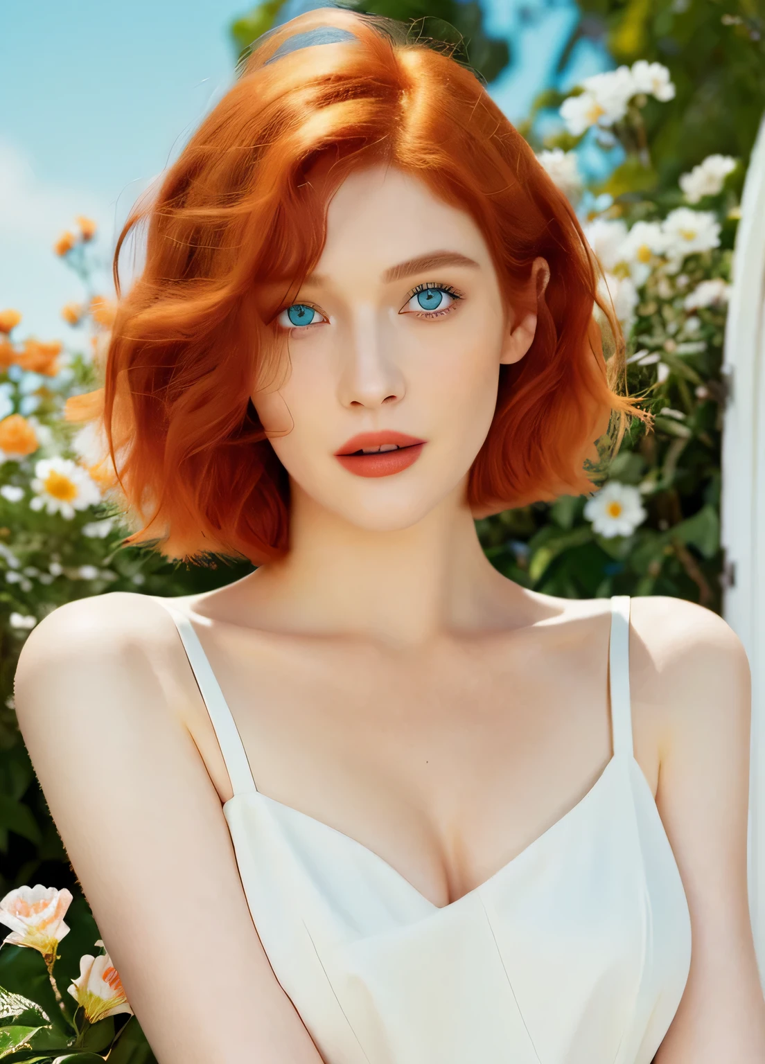 Masterpiece, (Bryce Dallas Howard: 0.5), short hair, vivid orange hair, shy, cute, playful smile, high detail face, high detail skin, white blue dress, (high detail eyes:1.3), (small breasts:1.2), (strong athletic body), garden wiith colorful flowers background, (UHD, 8K wallpaper, High resolution), Cinematic lighting, award-winning, extremely white detailed skin, extra detailed face, high detail eyes, photo-realistic, Zeiss 85 mm F/1.4, by Ellen von Unwerth