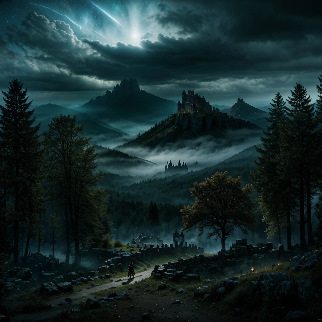 best quality,4k,8k,highres,masterpiece:1.2,ultra-detailed,realistic:1.37,illustration,dark fantasy,medieval,adventure,magical creatures,epic battle,treasure hunt,glowing magical artifacts,ancient ruins,mountainous landscape,towering castles, looming dragons,swords and shields,heroes and villains,mystical forests,dark and mysterious dungeons,dagger-wielding thieves,mystical spells,enchanted weapons,dramatic lighting,rich and vibrant colors,ominous clouds,shadows and silhouettes,star-filled night sky,strong contrasts between light and dark,heroic knights,jewel-encrusted crowns,dangerous quests,ancient prophecies,fearsome beasts,golden treasure chests,dragon lairs,spellbinding landscapes