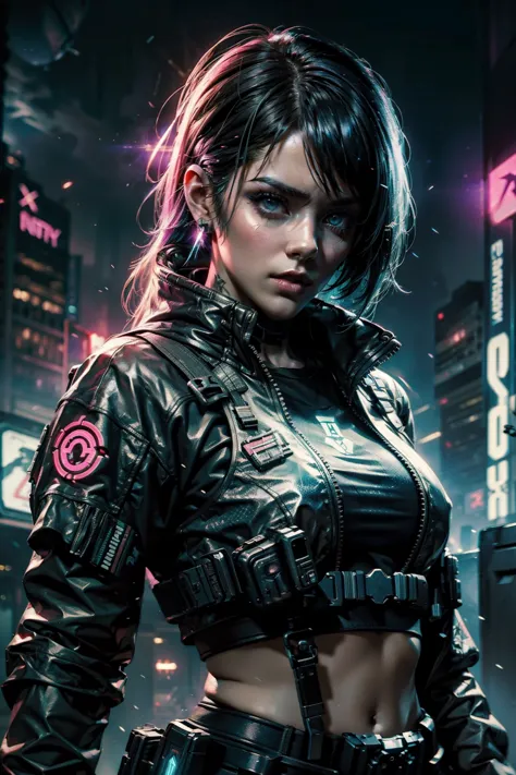 Beautiful cyberpunk neon girl ((in Call of Duty aesthetic style in Calling Card::1)), (masterpiece), best quality, sharp focus