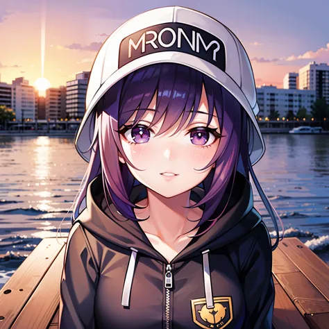 ((1girl, solo)), purple hair, long hair, purple eyes, grey, +_+, long sleeves, smile, (((parted lips))), hood down, (badge on hat), symbol-shaped pupils, looking at viewer, details eyes, absurdres, half body, ((sunset)), top view, (day time, sunny)
