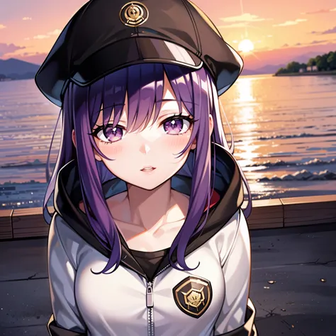 ((1girl, solo)), purple hair, long hair, purple eyes, grey, +_+, long sleeves, smile, (((parted lips))), hood down, (badge on ha...