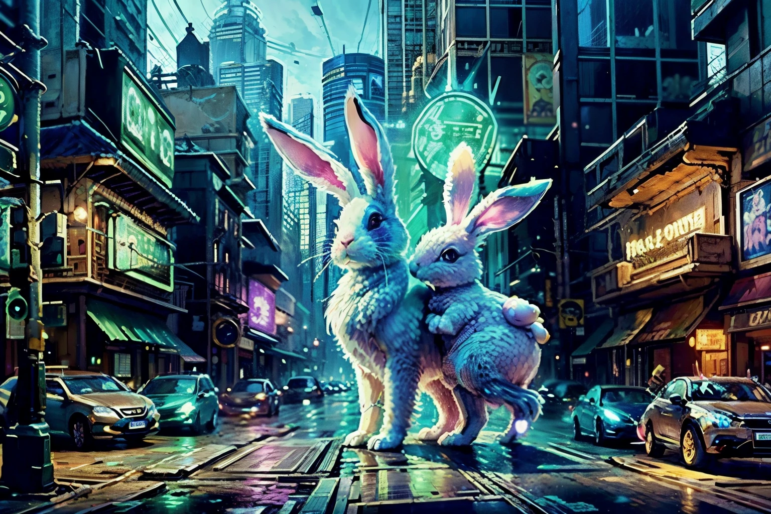 EASTER BUNNIES AND EASTER EGS scenery  bin in cyberpunk street city at night neons rain fog , intricate, detailed