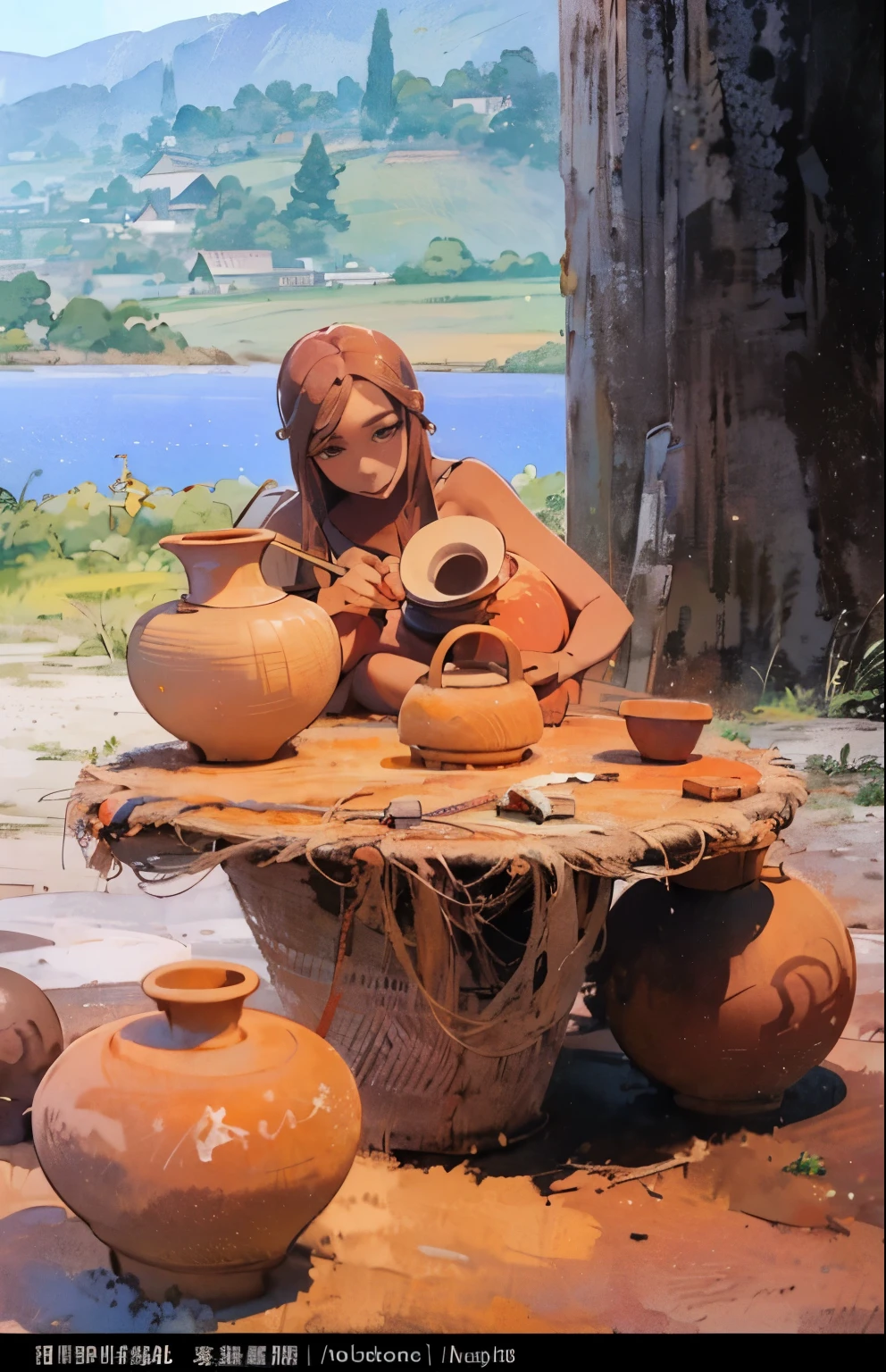 (hominid:1.4)，（primitive：1.3）prehistoric environment，There are some clay pots on the ground，brown pottery，prehistoric art，Painting on pottery，（primitive制作陶器：1.4）grassland，（Squatting and making clay pots，primitive：1.5），（primitive坐着在劳作，背景是grassland，Neanderthal crafts）author：Randolph Caldecott, (watercolor painting, masterpiece, line art, illustration art, Professional line art, Super complex and detailed, Chinese painting，8K:1.3)