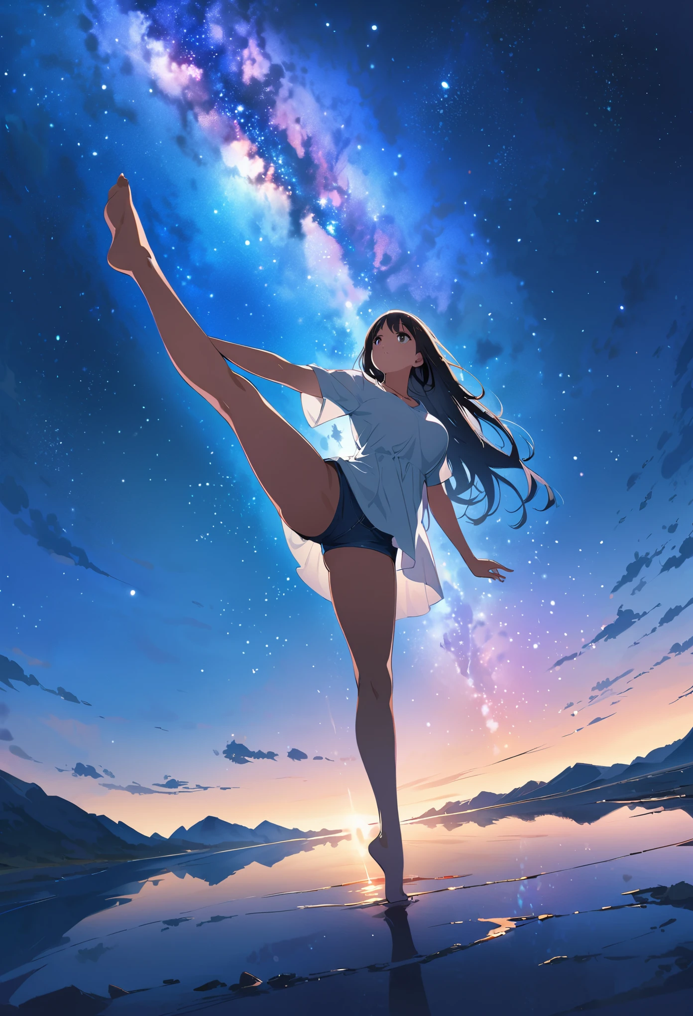 official art, unified 8k wallpaper, Super detailed,  masterpiece, best picture quality，super wide angle，1girl, solo,standing_split,full body, night，a woman，Standing by the salt lake，The water is like a mirror，reflecting the sky。look up to the sky，The Milky Way is in the sky，Dynamic angle, grace, bright colors,