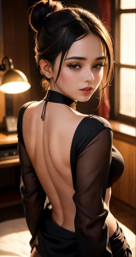 Sexy woman who is wearing a backless blouse and a saree and hair tied in a bun, tiny room, dark room, one lamp, sweaty, pleasure